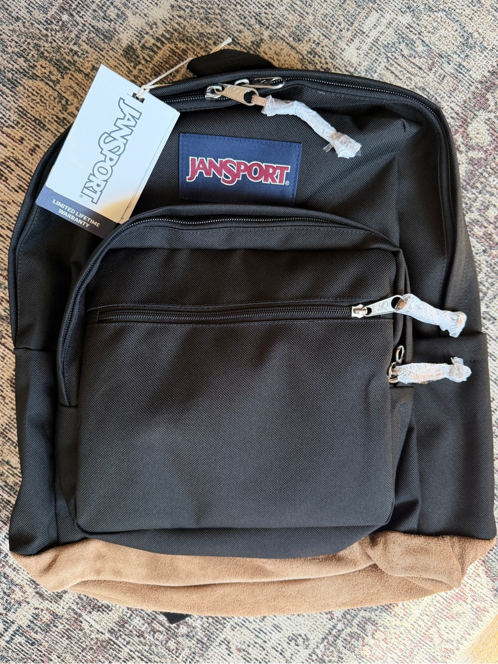 JanSport Right Pack Backpack Black Brown Suede Bottom Laptop Sleeve NWT